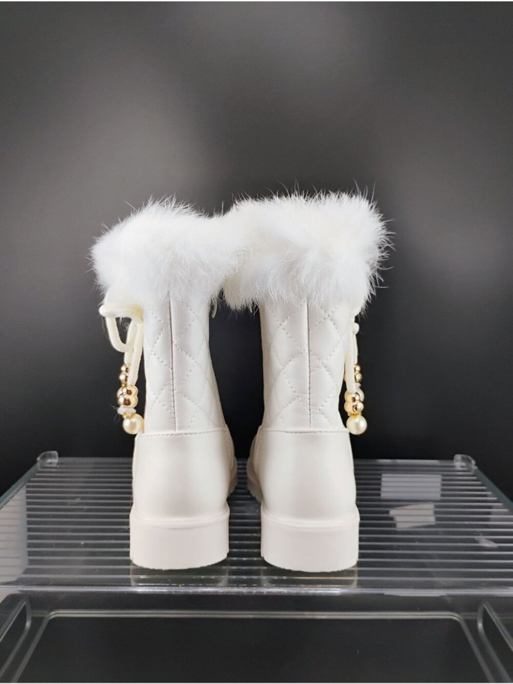 White Fur-Lined Kids Winter Boots Quilted Design Beaded Accent - Picture 2 of 7